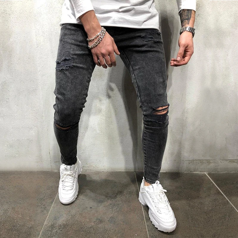 

Men Solid Elastic Waist Skinny Jeans Men Vintage Ripped Hole Slim Fit Hip Hop Trousers