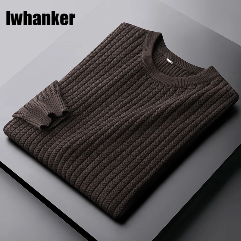 2021 Coffee Male Sweaters High Quality Round Collar Autumn Winter Stripe Mens Sweater Slim Fit Solid Color Man Sweater 4XL