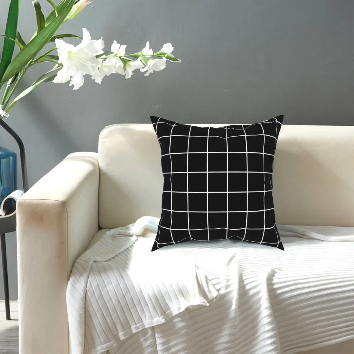 

Grid, White And Black Nordic Art Style Square Pillow Case Decorative Pillow Custom Pillowcover Home Decor
