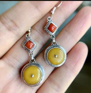 

Nepal Ethnic Style Silver Accessories Handmade 925 Sterling Silver Inlaid Natural Opal Beeswax Amethyst Topaz Earrings