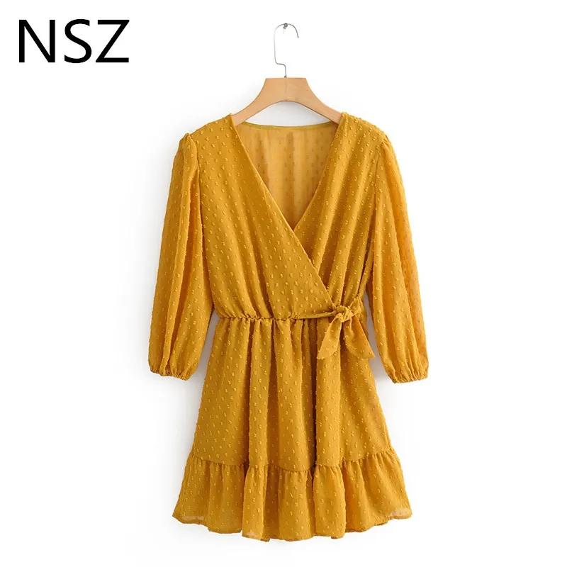 NSZ женское мини платье в горошек с длинным рукавом и v образным вырезом шифоновое