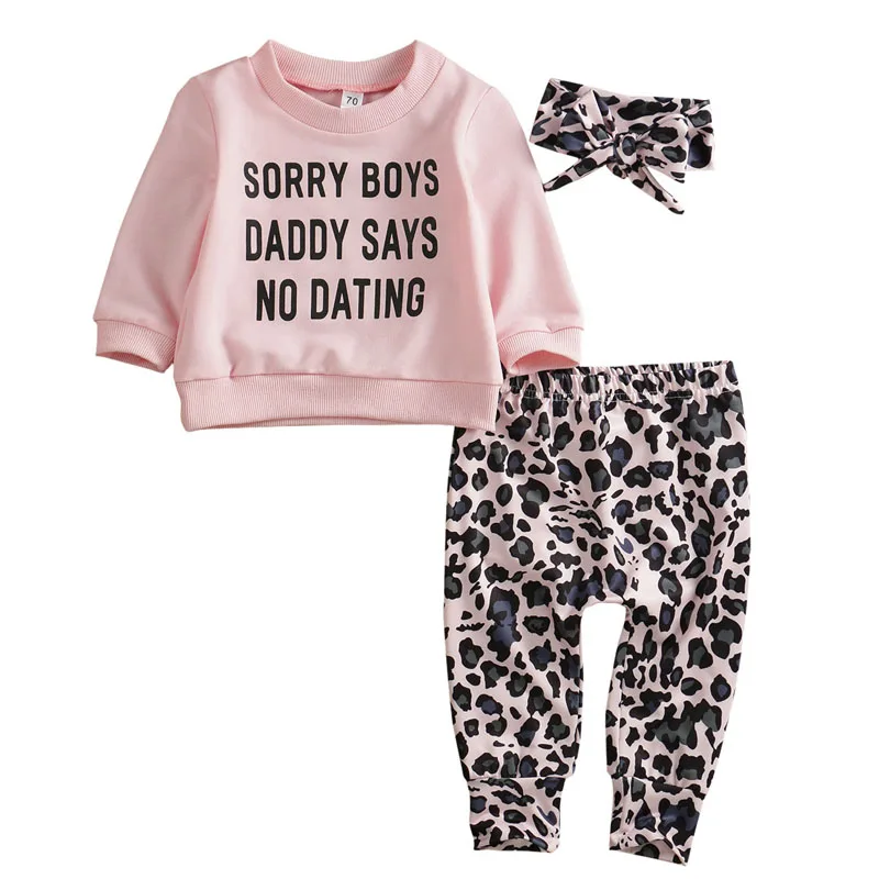 

New Fashion 3pcs Cute Baby Girl Fall Clothing Leopard Print T-Shirt Tops Long Pants Outfit Clothes Set