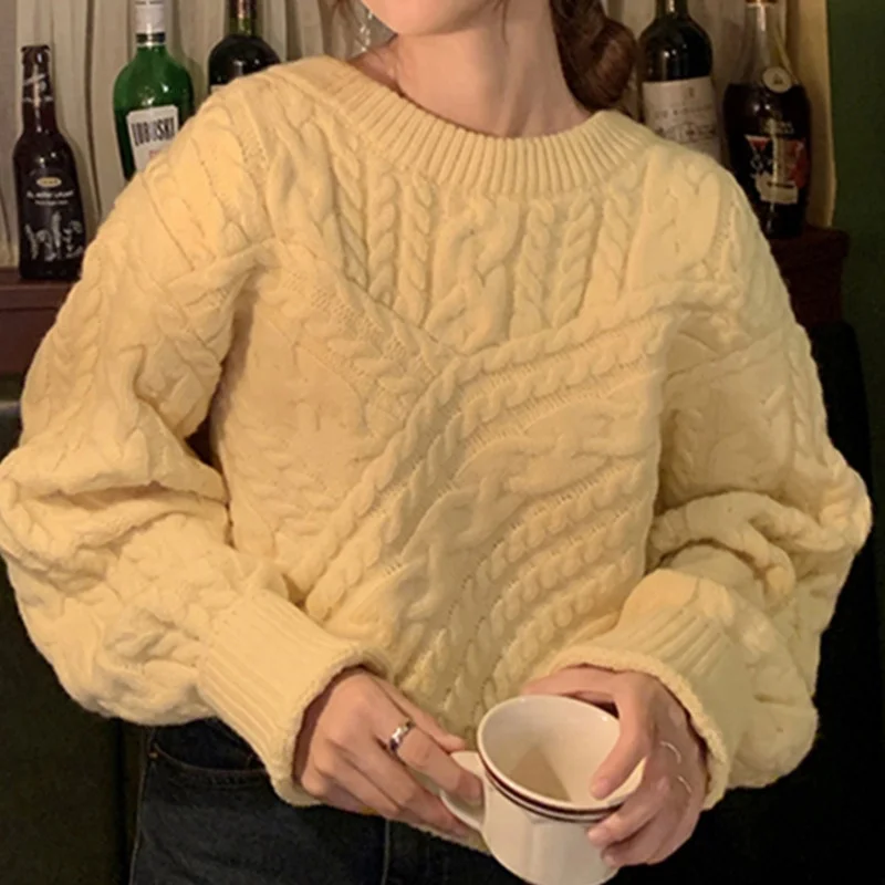 

Autumn and Winter 2021 New Loose, Lazy, Wind Twist, Pullover Pink Bubble Long Sleeve Knitted Sweater for Women