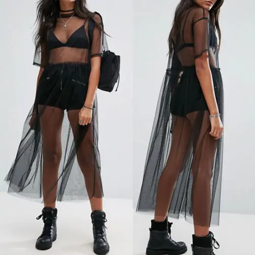 

Women Perspective Bikini Mesh Sheer with Elastic Waist See Through Short Sleeve O-neck Swimwear Smock for Summer dress cover-ups