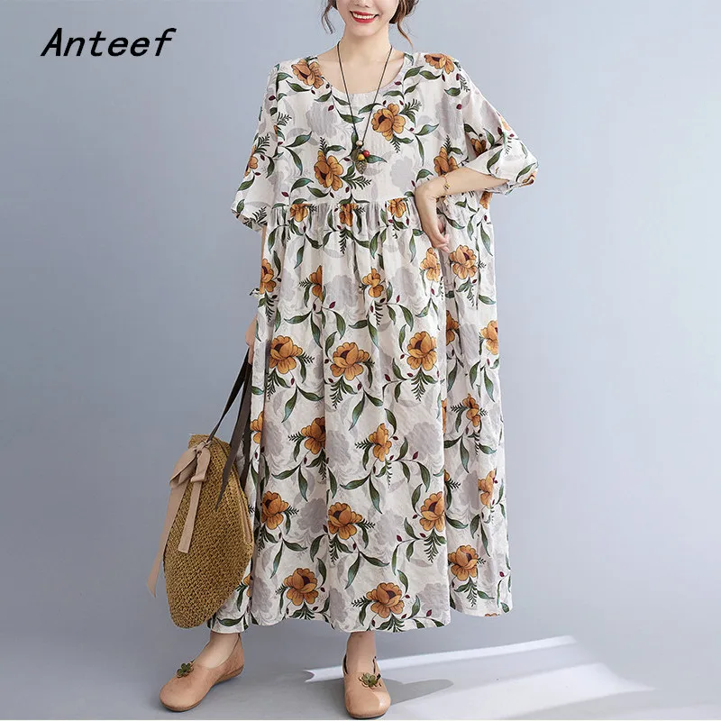 

Женское винтажное Хлопковое платье, повседневное Свободное длинное платье с коротким рукавом и цветочным рисунком, элегантная летняя одеж...