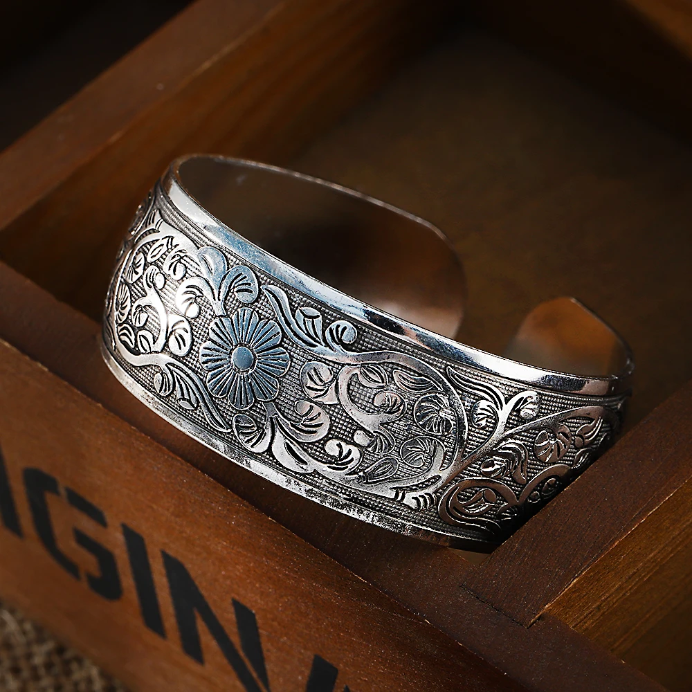 

Women Vintage Tibetan Tibet Silver Color Peony Carved Bangle Cuff Fashion Bracelet Jewelry