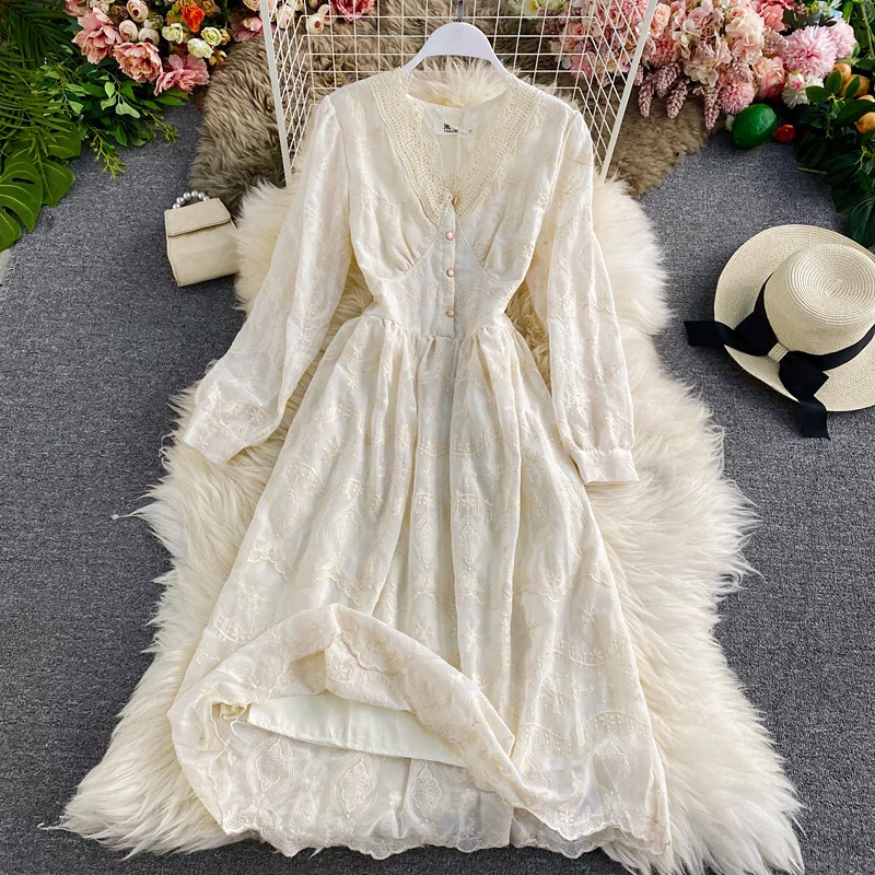 

Autumn Design Sense French Gentle Temperament V-neck Super Fairy Lace Fashion Waist Big Swing Long Dress
