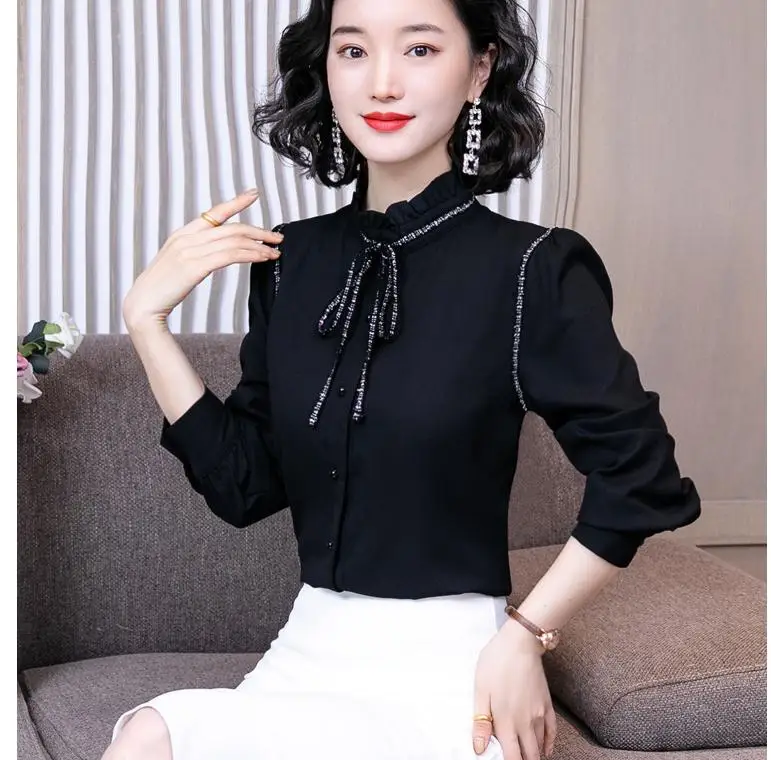 

2020 spring and autumn Summer with New style fashion women Long sleeve Stand collar Chiffon shirt