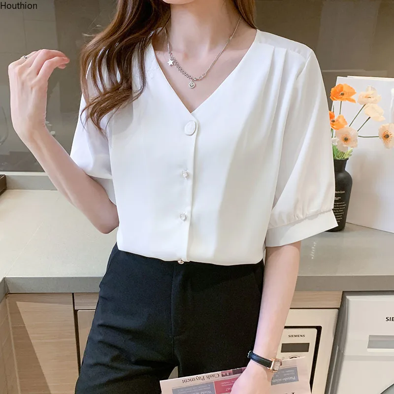 

Женский Шелковый Топ Houthion, шифоновая рубашка с коротким рукавом, новая корейская мода, повседневные Однотонные блузки с V-образным вырезом, ...