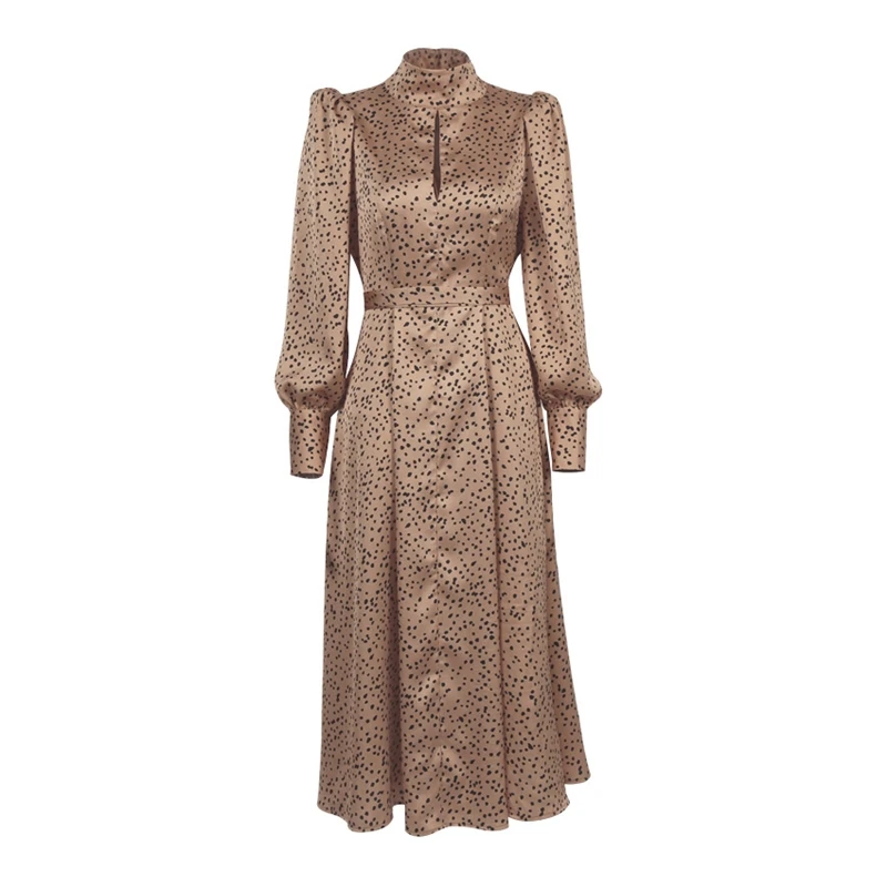 

Ropa De Mujer 2021 Puff Long Sleeve Turtleneck Woman Midi Dress Elegant Khaki Dot Print Sexy Hollow Out Vintage Dresses Satin