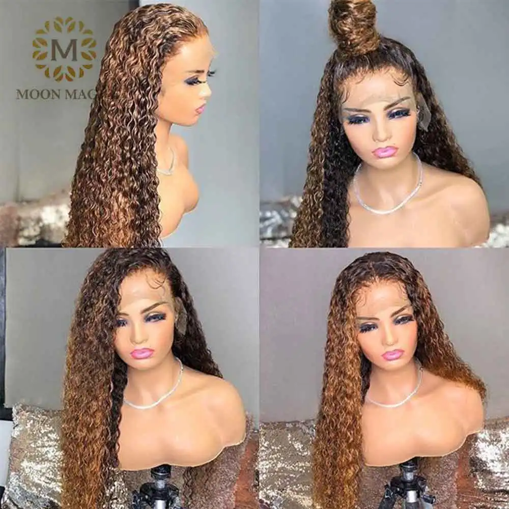 Медовый светлый парик фронта шнурка хайлайтер вьющиеся человеческие волосы