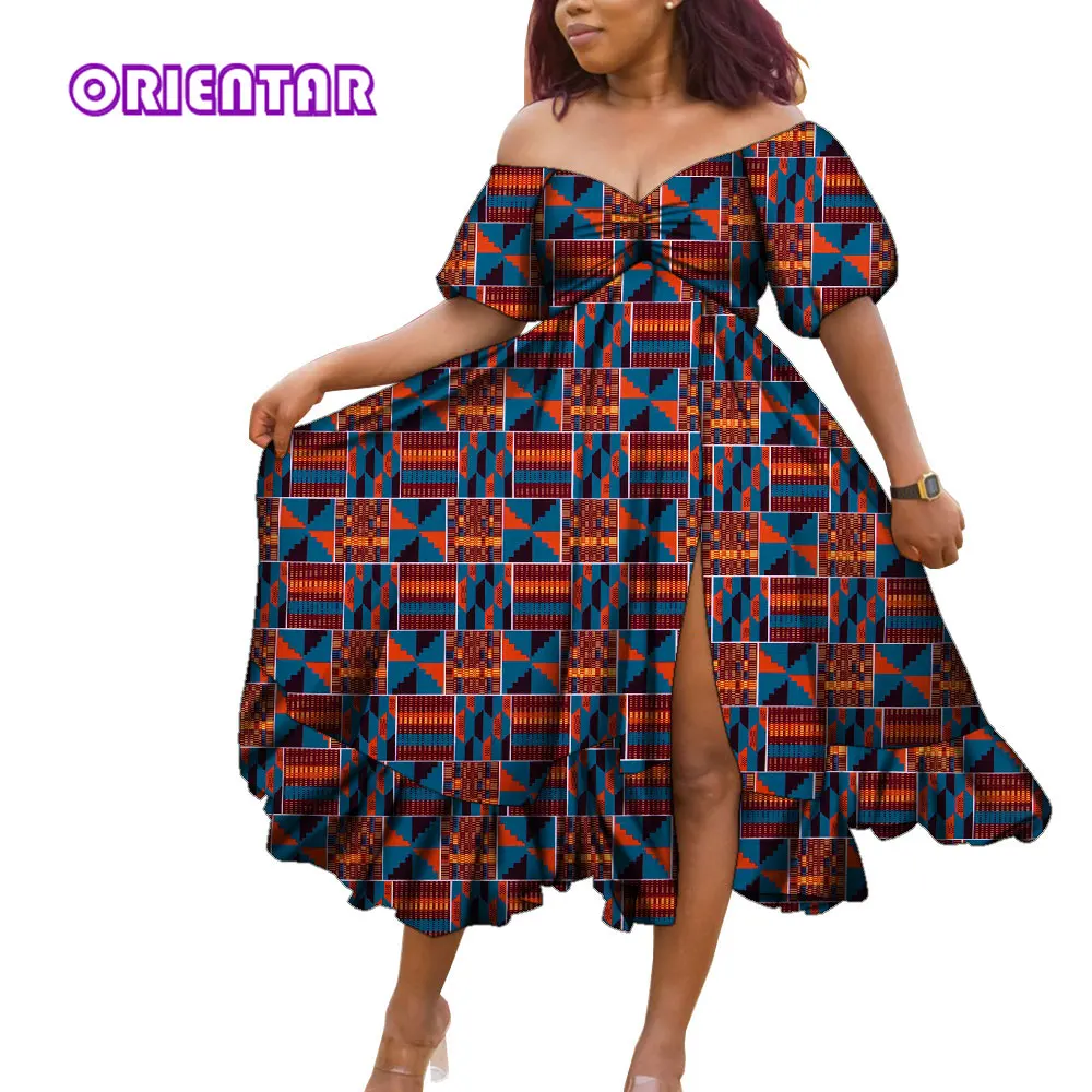 

Women Fashion Strapless Dress Large Size African Floral Print Dresses Puff Sleeve Pleated African Dashiki Party Outfit WY9303