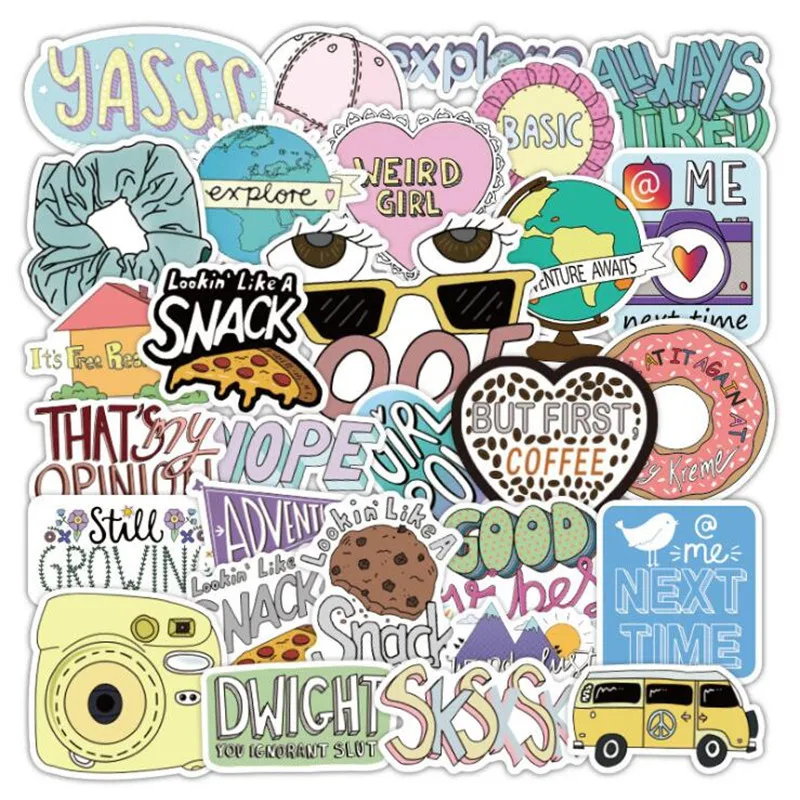 

10/30/50 PCS Small Fresh Letters Cartoon Graffiti Laptop Luggage Skateboard Guitar Waterproof Stickers Decorative Toys Wholesale