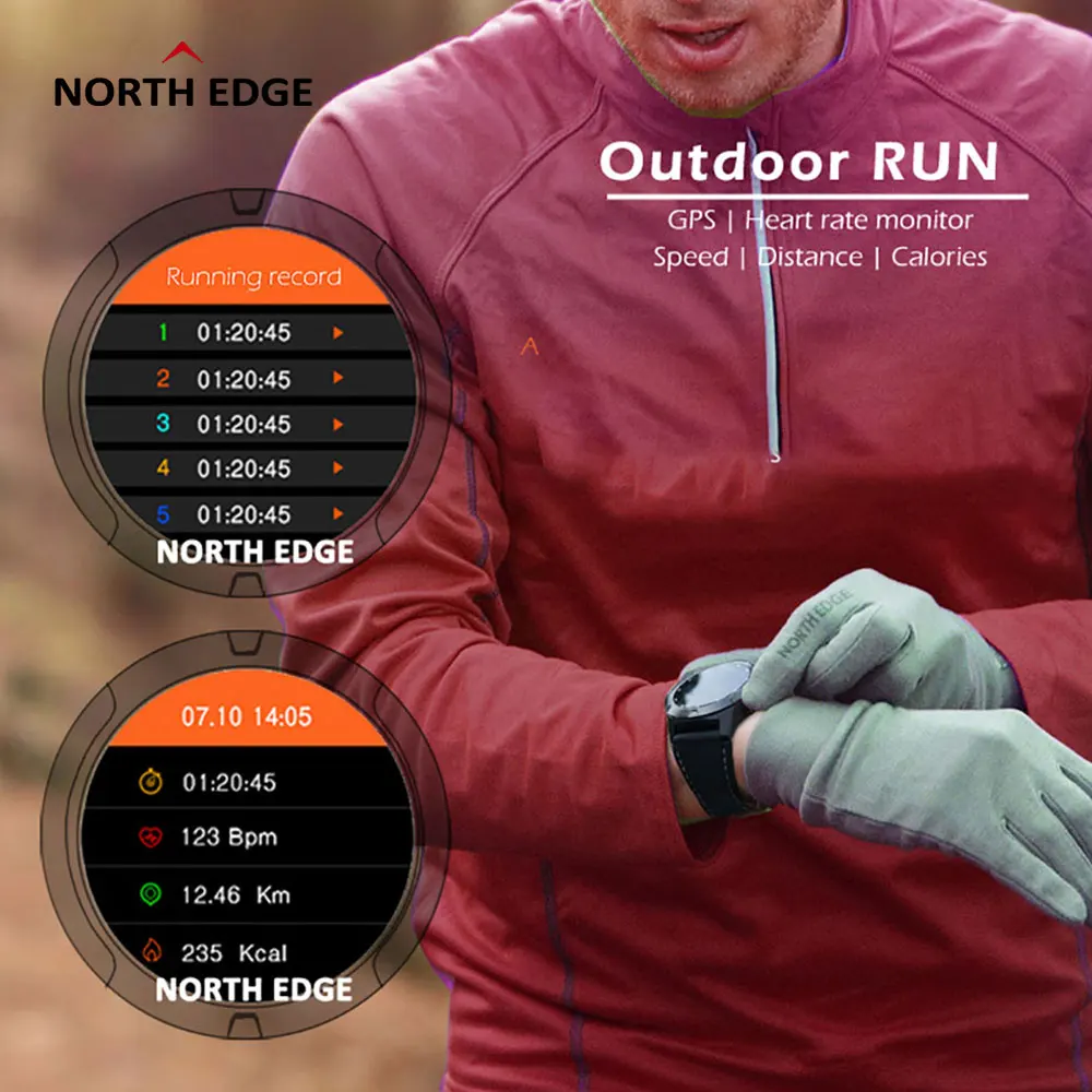 Мужские умные часы North EDGE GPS спортивные с компасом пульсометром шагомером BT