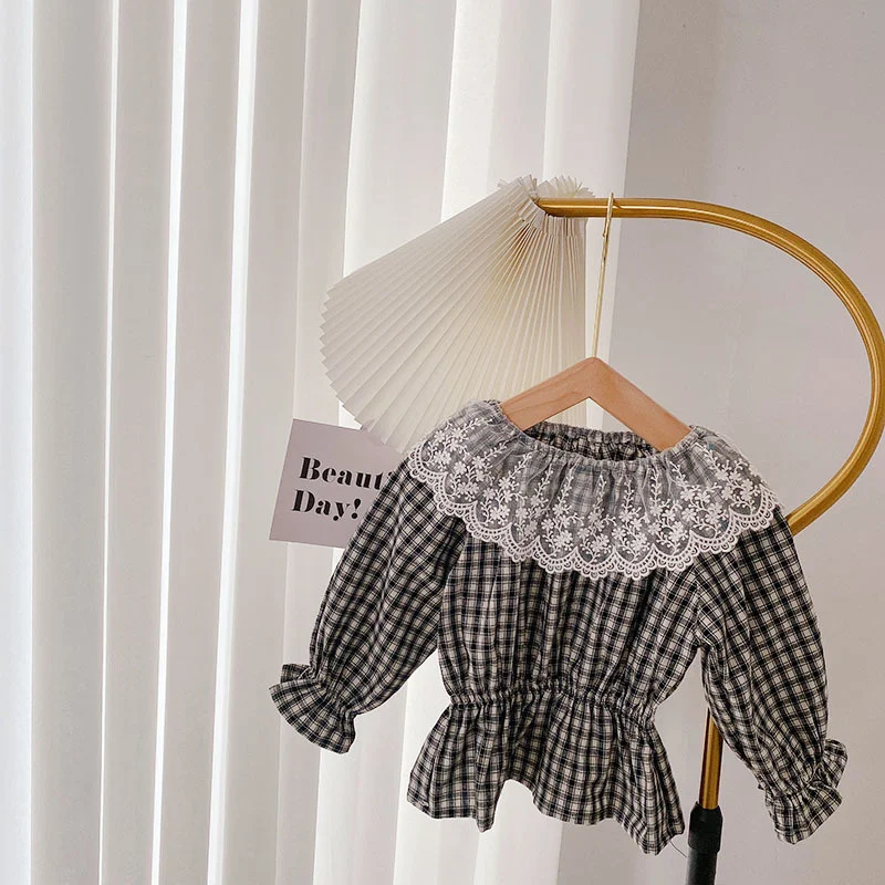 Клетчатая рубашка для девочек Осенний Кружевной Топ с длинным рукавом и открытой