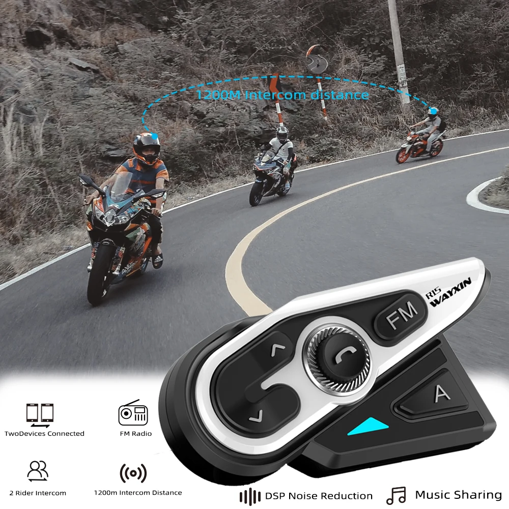 

WAYXIN 2 Pcs 1200M Bluetooth Intercom Motorcycle Helmet Headsets 2 Rider BT Wireless Walkie Talkie Moto Interphone R15 FM Radio