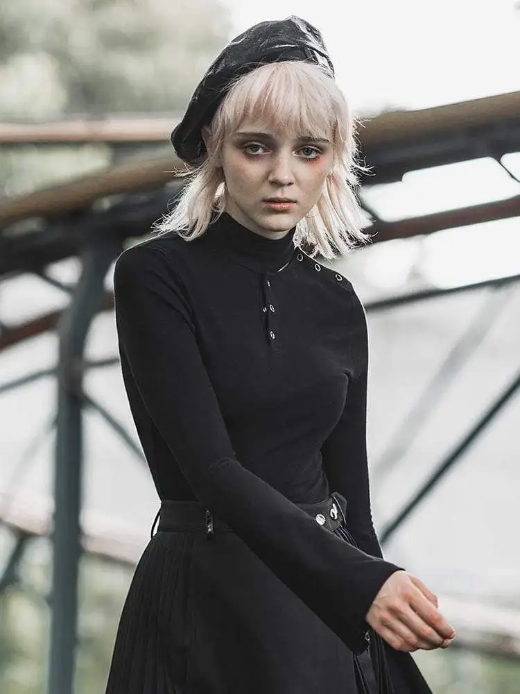 Панк рейв Женская высокая шея пряжки с расклешенными рукавами футболки PT