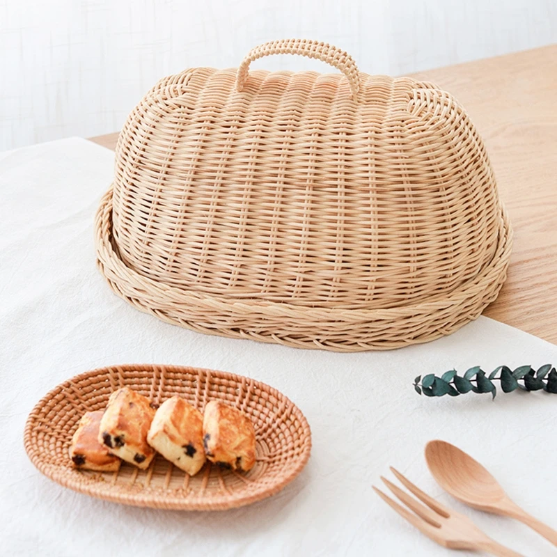 

Natural Hand-woven Fruit Storage Basket with Cover Vegetable Bread Serving Tray Handcrafted Platter Classic Photography