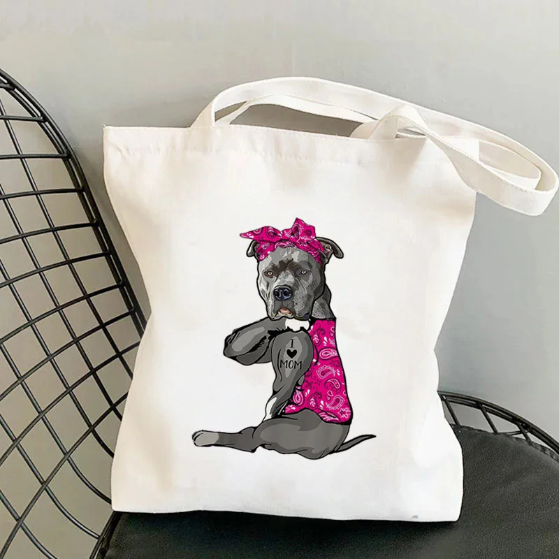 

2021 Shopper розово-красные банданы питбулл I LOVE MOM, сумка-тоут с принтом, женская сумка-шоппер, Холщовая Сумка для покупок через плечо для девушек