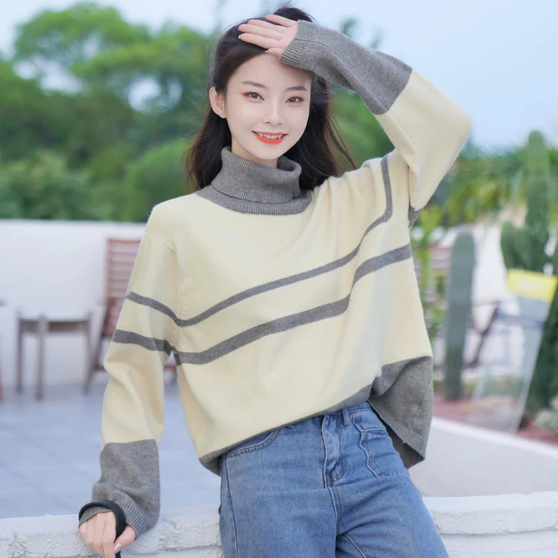 

Chic Khaki Autumn and Winter 2020 New High Neck Sweater Women's Inner Striped Bottoming Shirt Padded Top Thermal Sweater