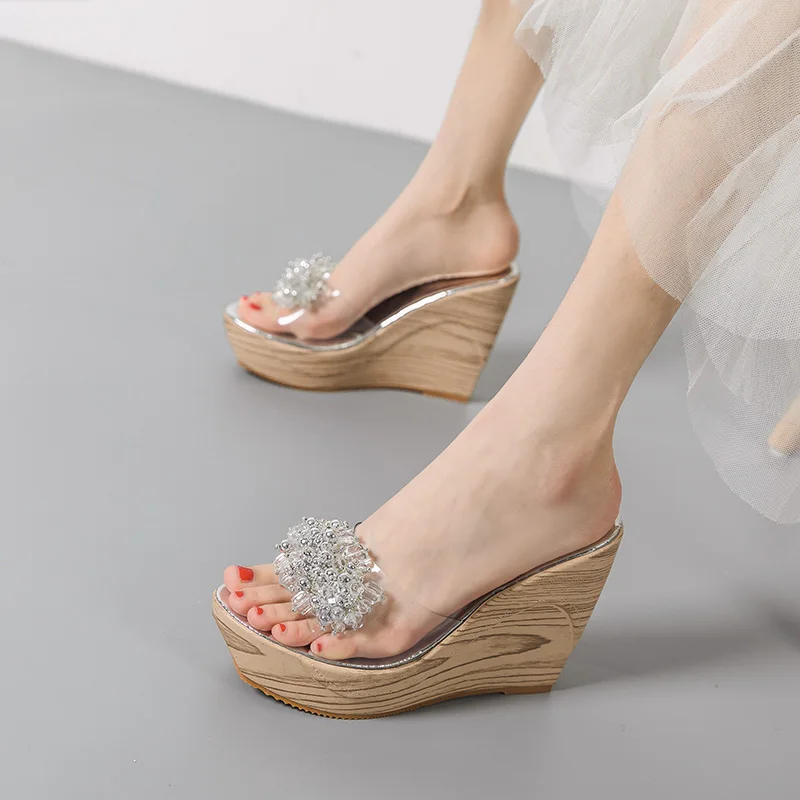 Transparent Slippers Heels 11cm Woman Shoes Platform Crystal Heel Summer Sandal High Heel New Girls Slippers Wedge Heel Shoes