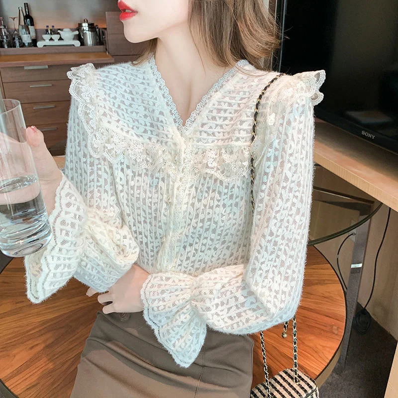 

2021 Модные топы, кружевная элегантная белая дизайнерская рубашка-корсет с воротником, женские рубашки, прозрачная блузка с длинным рукавом, ...