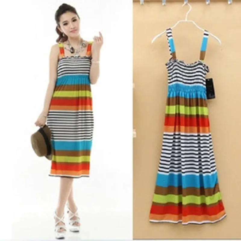 Vestidos 2019 женские платья весна лето платье женское без рукавов Радужный полосатый