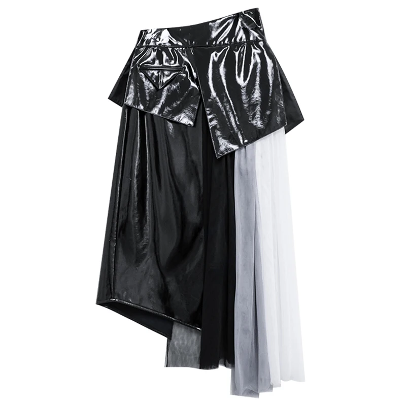 

Skirt Women Fashion Tide New Spring Autumn 2021 High Elastic Waist Irregular Pu Leather Spliced Mesh Half-body