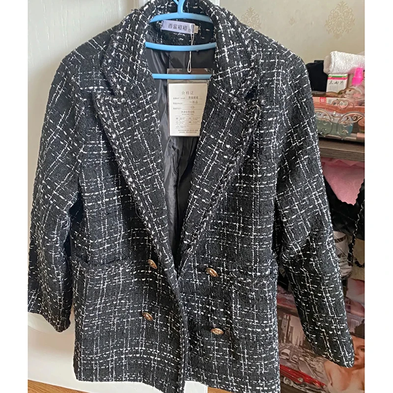 Женский твидовый Блейзер винтажный двубортный блейзер в клетку с отложным