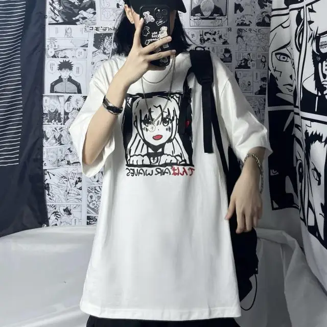 

Футболка женская оверсайз с коротким рукавом, белый хлопковый топ в японском стиле с аниме мультяшным принтом, модная смешная рубашка