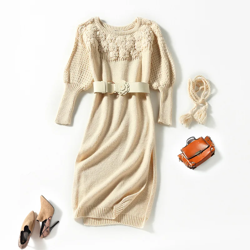

Women's Wear New Autumn 2022 Long Sleeve Lantern Sleeve Flower Embroidery Fashionable Knit Dress European and American