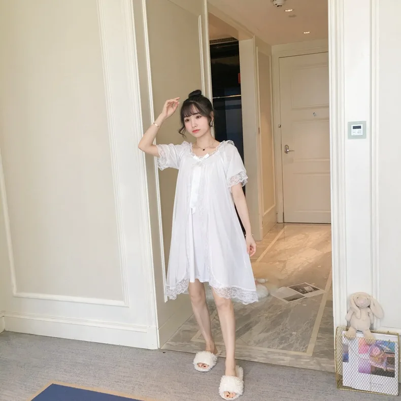 New Short Sleeve Court Lace Nightdress Women Summer Korean Fresh Princess Style Lace Nightgown Sexy Dress Sleepwear Nightwear