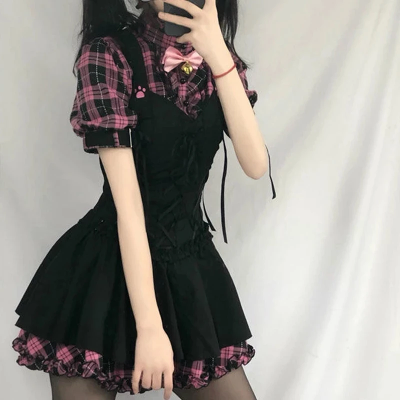 

Summer Dresses For Women Plaid 2021 Kawaii Pink Clothes Short Sleeve Strap Midi Dress Lolita Harajuku Cottagecore Robe