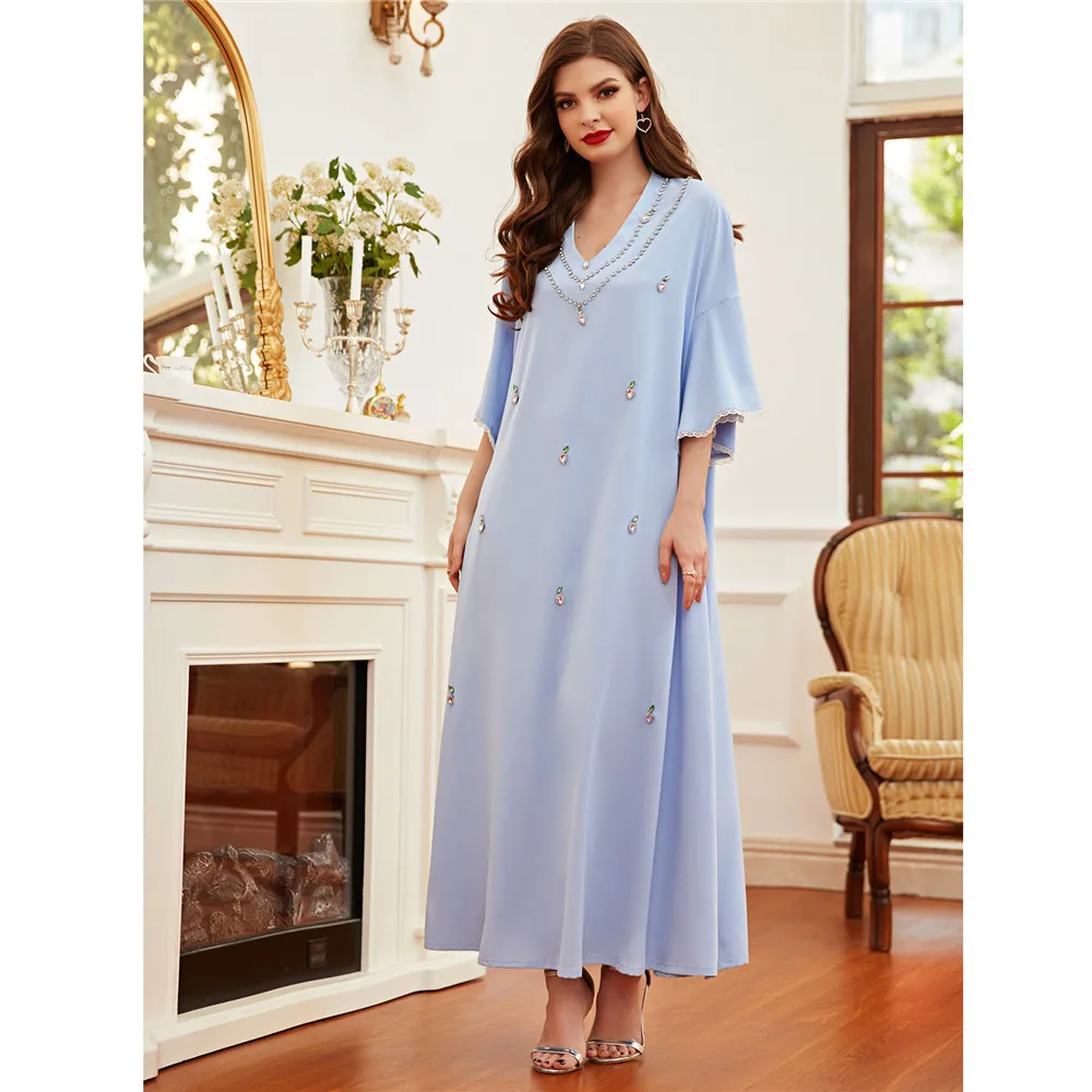 

Moroccan Women Rhinestone Abaya Long Maxi Dress Kaftan Islamic Arabic Robe Clothing Jilbab Loose Caftan Party Dubai Eid Ramadan