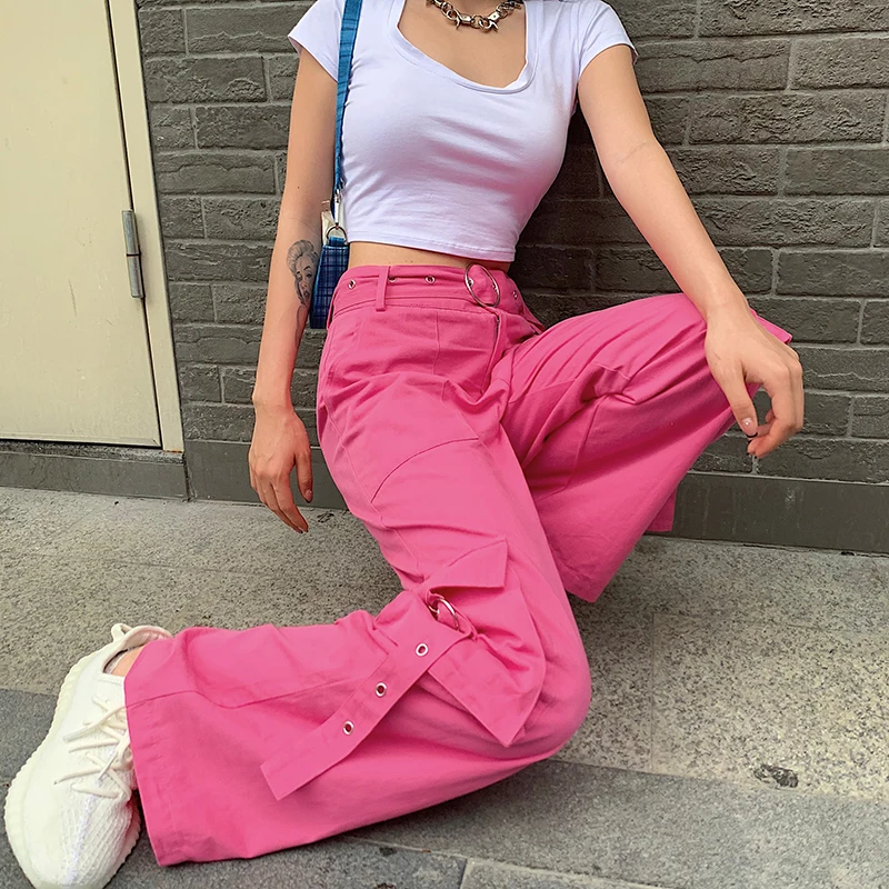 

Harajuku Pink Casual High Waist Cargo Pants Sexy Women with Sashes Korean Fashion Long Trousers Ladies Pockets Strips Streetwear