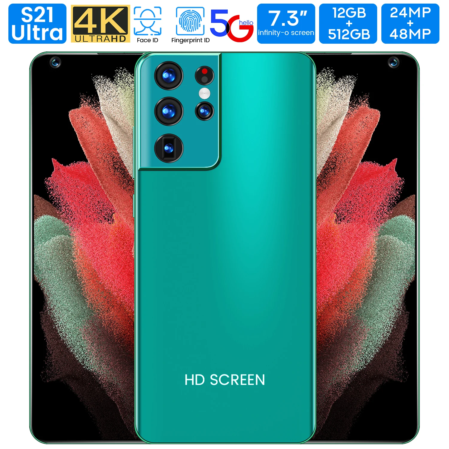 

2021 Newest 7.3" Galax S21Ultra Mobile Phone Snapdragon 865 Android 10.0 12GB 512GB 6800mAh Fingerprint Unlock Smart Cellphone