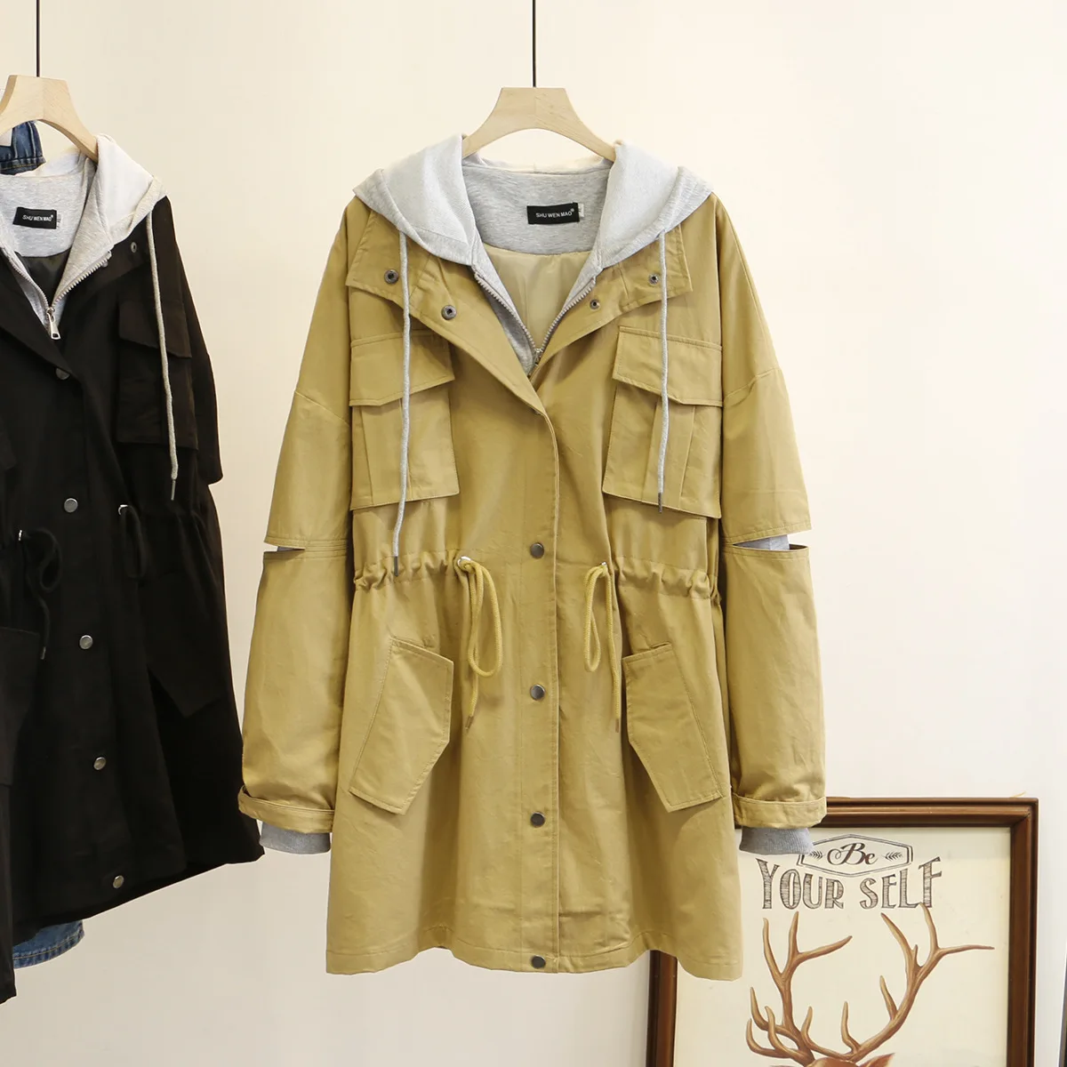 Женский весенний Тренч с длинным рукавом на завязках капюшоном молнии пальто