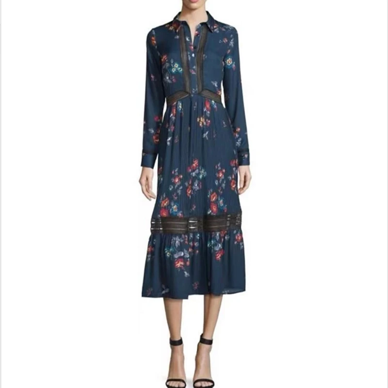 

2021 Spring Hot Sale Floral Print Navy Blue Elegant Vintage Midi Dress