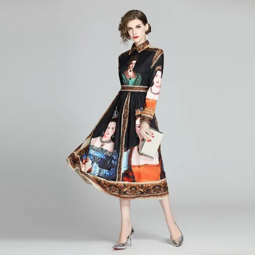 

Euramerican Designer Women Autumn Vintage Beauty Print Long Sleeve Midi Dress Female Party Dresses Vestidos Robe High Quality