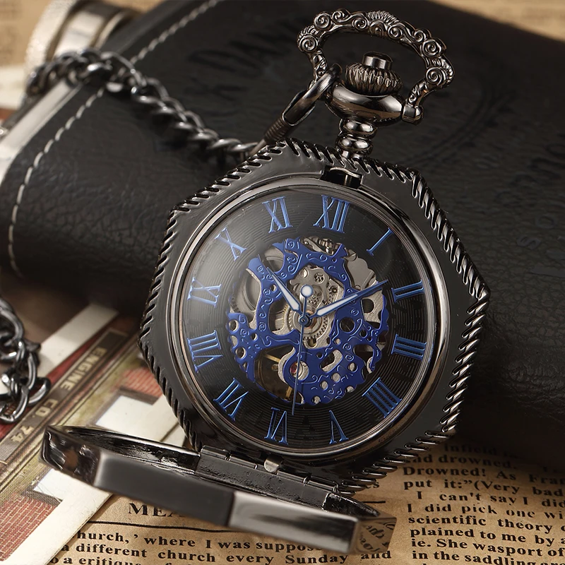 Gold Mechanical Pocket Watch for Men Antique Steampunk Skeleton Roman Numeral Fob Chain Pendant Hand Winding montre de poche