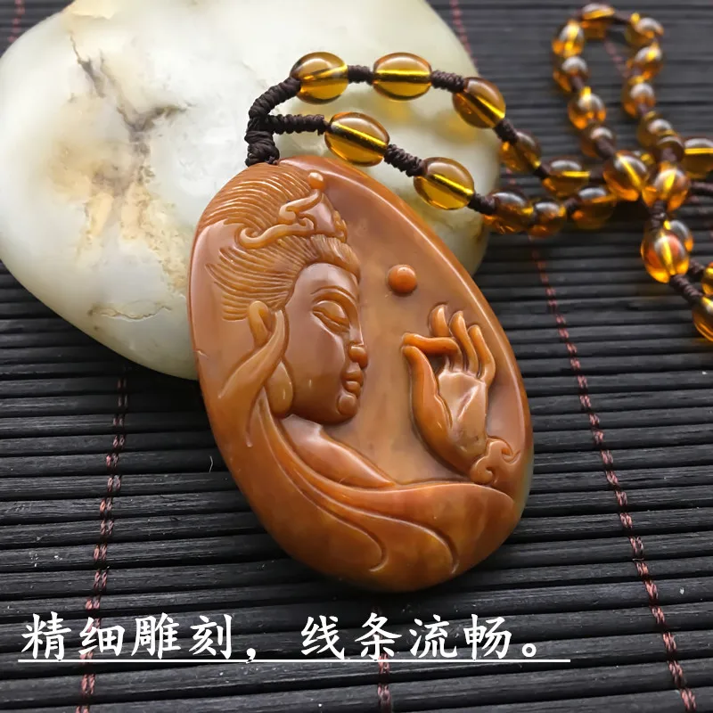 Природный Huang длинный нефритовый кулон Kwan-yin благословенный амулет Счастливый