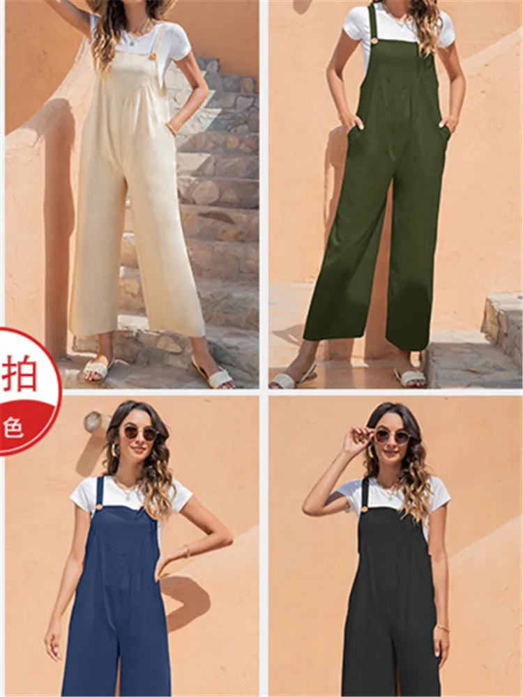 

2021 Europe and the United States women's new retro leisure straps wide-legged trousers in summer