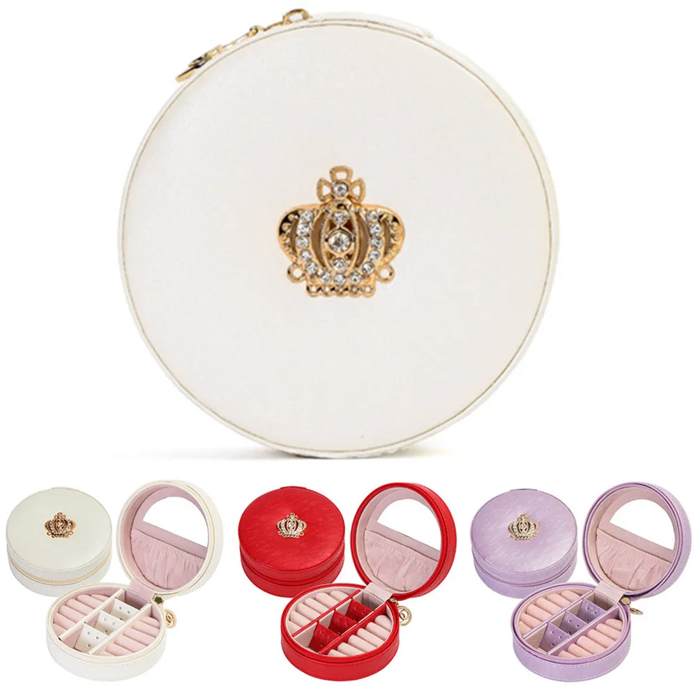 

Necklace Rings Organizer Multi-layer Portable Round Case Earring Holder Crown Design PU Leather Display Solid Jewelry Box