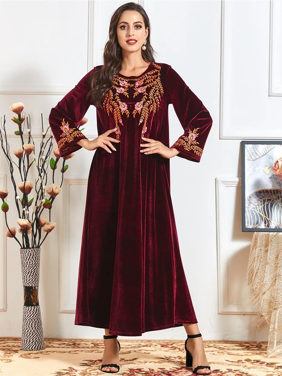 Abaya Muslim Shalwar Kameez Pakistani Dress Golden Velvet Embroidery Dubai Dress Maxi Thick Robe Long Sleeves Islamic 2023 Women