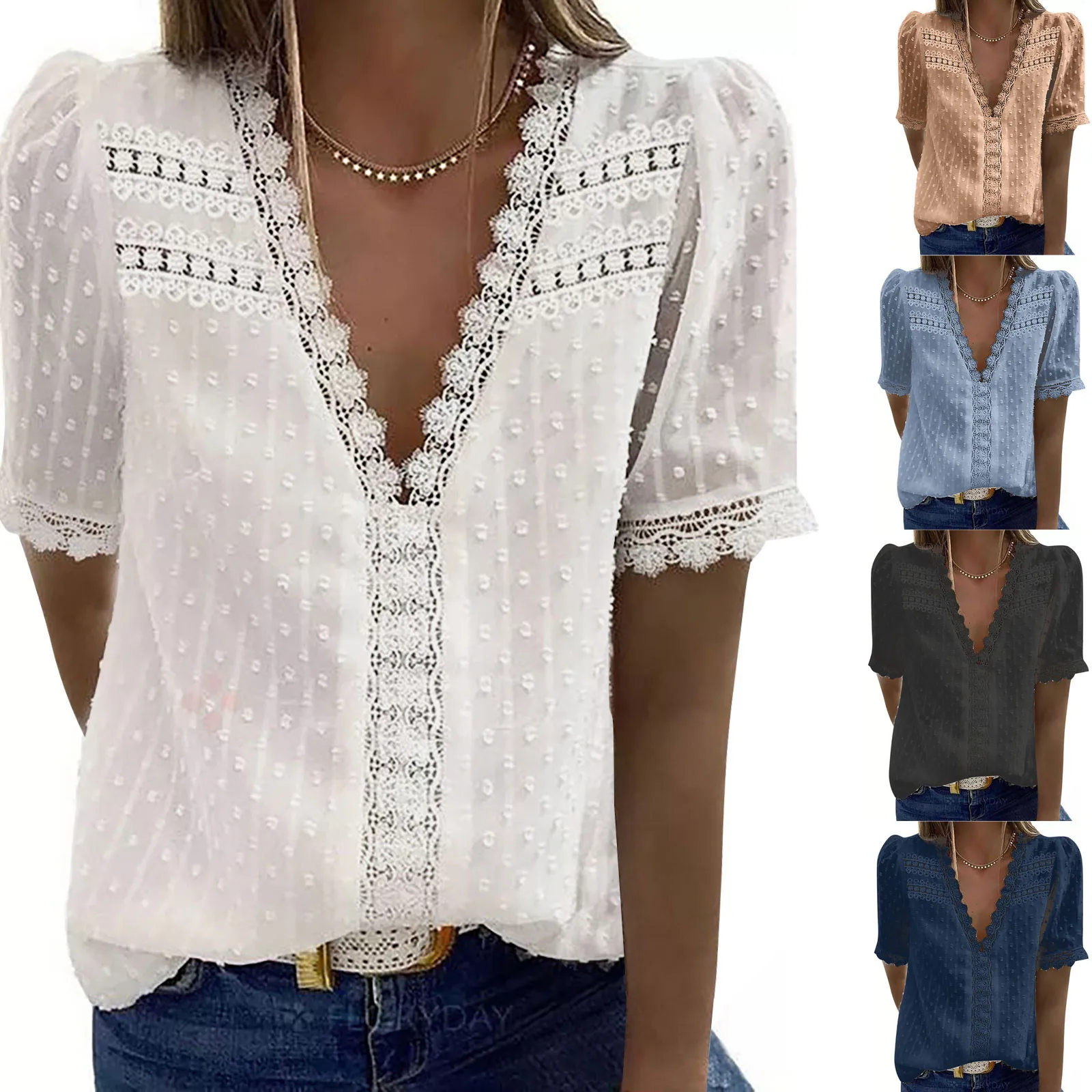 

2021 Women Fashion Lace Short Sleeve T-shirt Clothes Summer Ladies Casual Plus Size V-neck Solid Color Top Daily майка женская