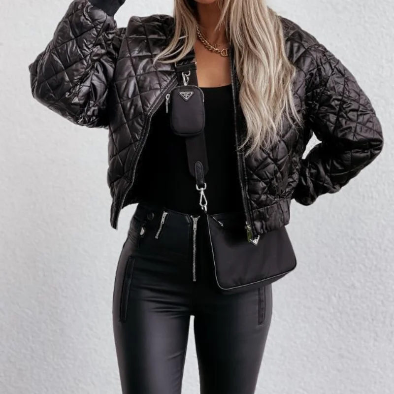 Women Short Zipper Cotton Jacket Stand Collar Argyle Slim Parka 2021 Autumn Winter Solid Long Sleeve Warm Coat  Fashion Jacket