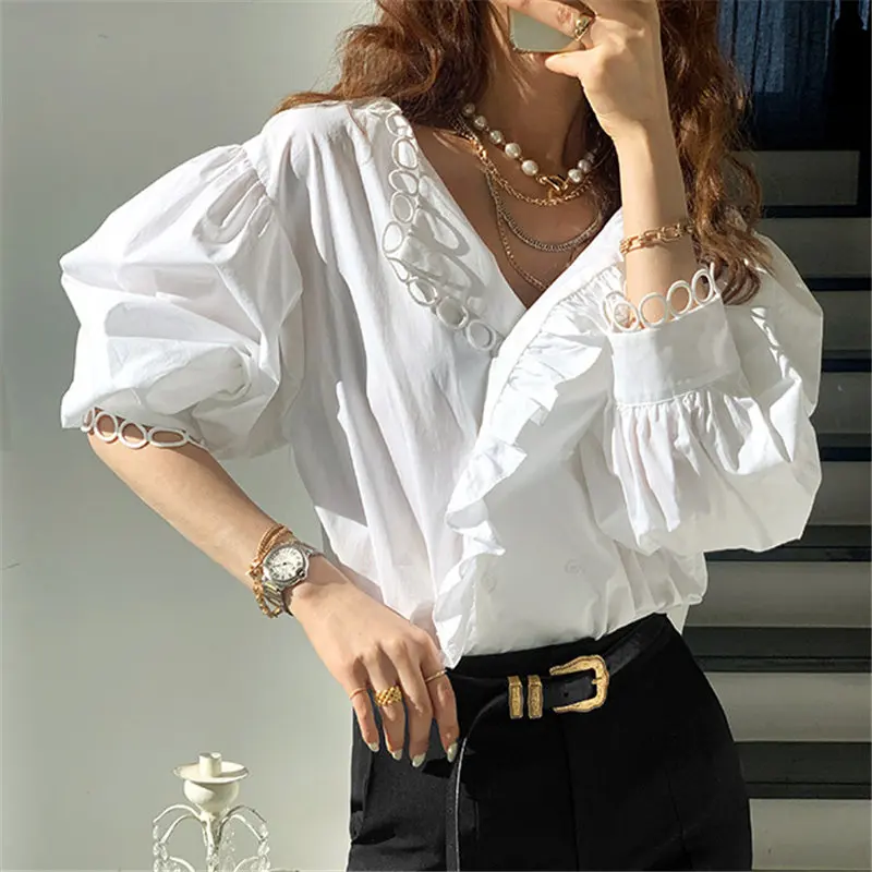

HziriP White Oversize Korean Party Loose All Match 2021 Hot Sale Ruffles Fashion New Prom Office Lady Shirts Comfortable Tops