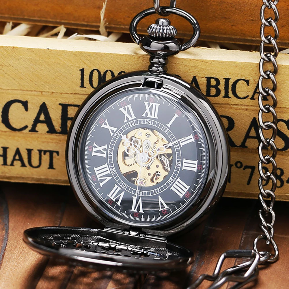 Pocket Watch Wallet Set Hollowed Out Mechanical Hand Wind Pocket Watch Leather Wallet for Father Husband Boyfriends