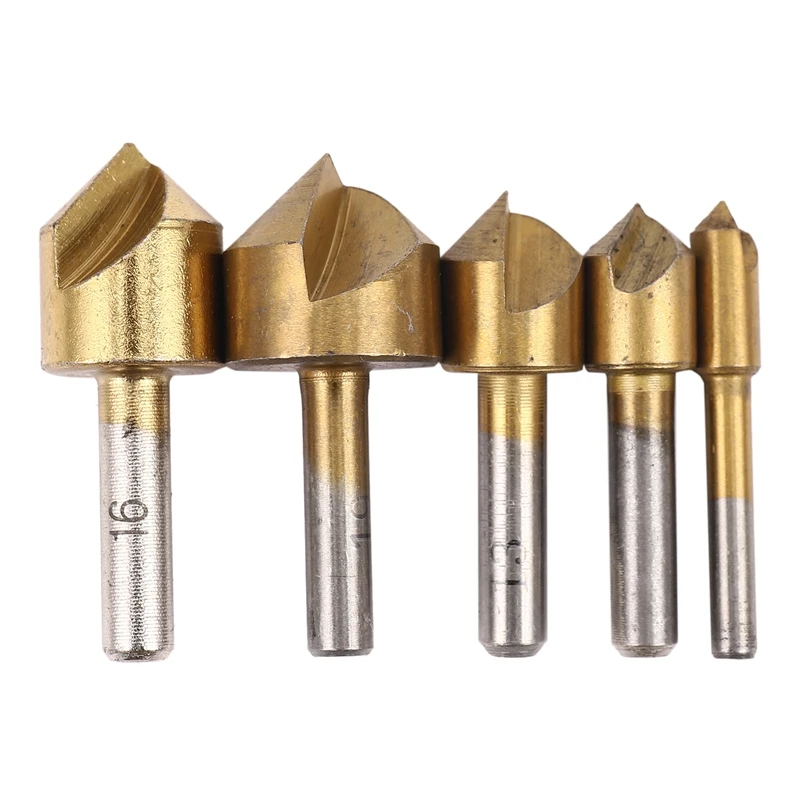 

5 Pc Chamfering Countersink Drill Bit Set - 1/4 To 3/4 Inch - 6Mm 10Mm 13Mm 16Mm 19Mm For Wood Metal Quick Change Drill Bit Set