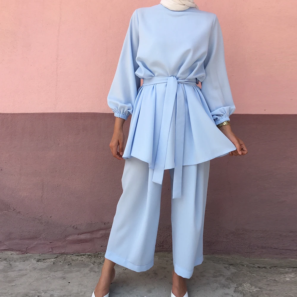 Mulsim Women's Two Pieces Set Plain Solid Fresh Summer Outfit Arab Oman Dubai Middle East Morocco Turkey 2pcs Suit | Тематическая